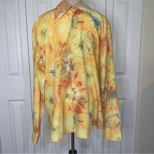 DKNY jeans tie dye SzXL casual button up with silver flower accents double cuff
